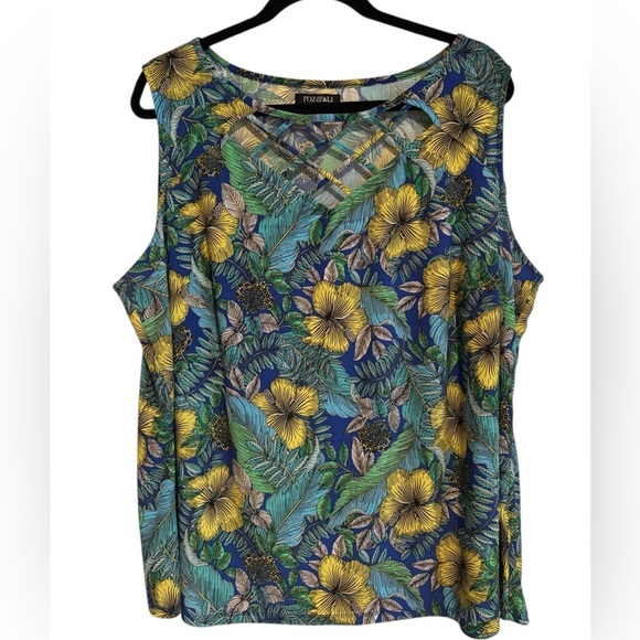 Roz & Ali Tops - Roz & Ali Blue Green Sleeveless Tank Top Tropical Print